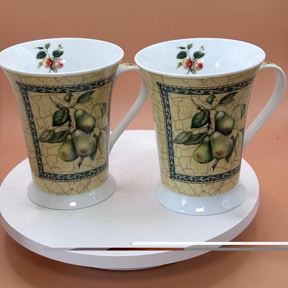 Pimpernel Fine Porcelain Mug Set of 2 Apple Pear Fruit Orchard Coffee Tea Cups